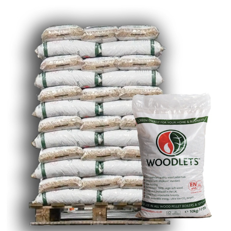 Woodlets ENplus A1 BSL certified wood pellets 15kg bags on pallet