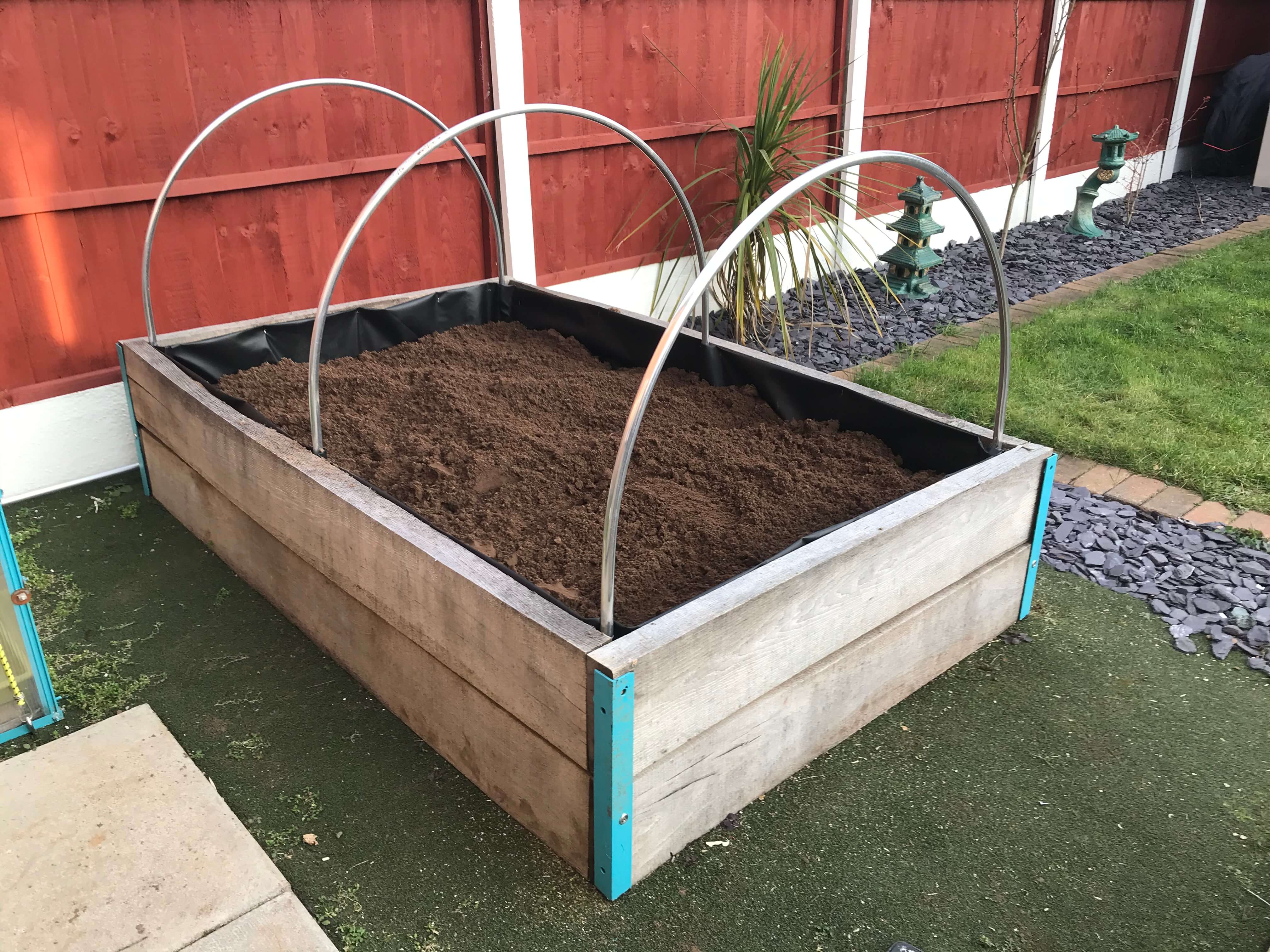 Clean and simple raised bed built with green railway sleepers
